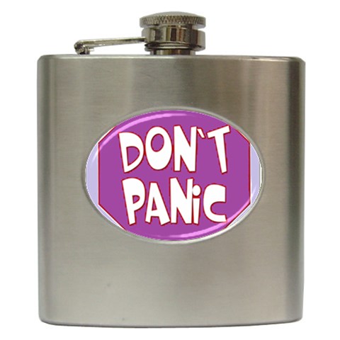 Purple Don t Panic Sign Hip Flask from Front