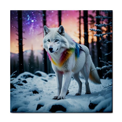 Rainbow White Wolf Ceramic Tile from Front